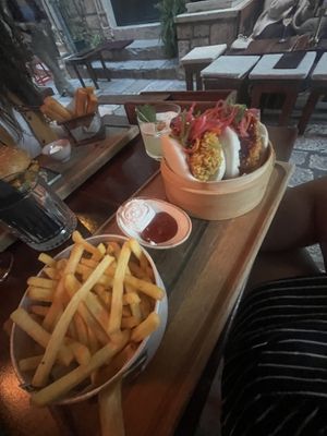 Bao buns + fries (specify no Parmesan)  at Vintage Bar in Hvar