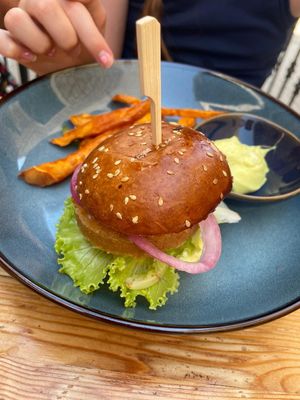 Children’s katsu burger with sweet potato fries   at Masha Vegeteria in Jelsa