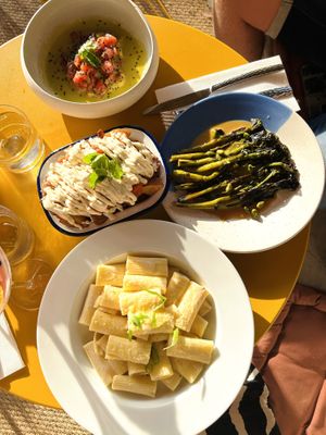 Ceviche, patatas bravas, miso broccoli, lemon cream pasta  at Bloomy Les Jardins in Toulouse