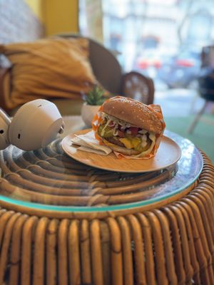 Plate was made of bamboo (tasty burger)  at Sugar Planty in Mexico City