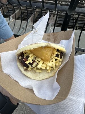 Bean and cheese arepa with plantains from amazoniabbq  at Vegan Night Market in New York City
