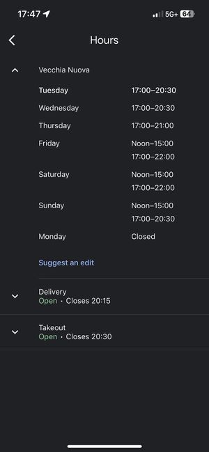 Hours  at Vecchia Nuova in Phoenixville