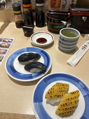Corn sushi and Eggplant sushi  at Sushino Musashi in Kyoto