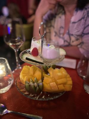 Fruit and sorbet for pudding   at Queenz Cabaret in Sitges