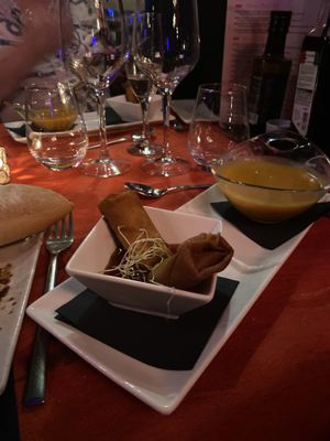 Pumpkin soup and spring rolls   at Queenz Cabaret in Sitges