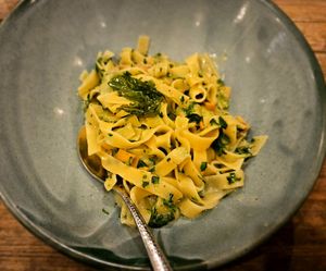 Mushroom spinach pasta in creamy covonut milk sauce (made vegan) at Hermit's Restaurant in Dhigurah