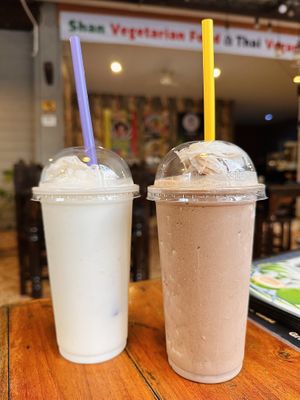Blended smoothies: Coconut and coconut with cocoa   at Kinphak Cafe  in Chiang Mai