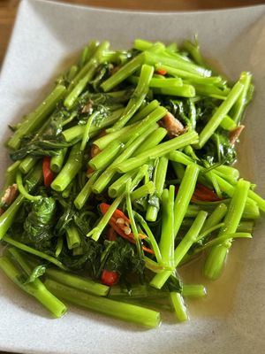Stir-fried morning glory (50 THB)  at Kinphak Cafe  in Chiang Mai