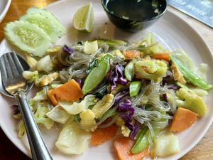Stir-fried black konjac noodles with sesame oil (60 THB) at Kinphak Cafe  in Chiang Mai