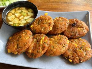 Fried carrot and corn with Thai curry cakes (60 THB)  at Kinphak Cafe  in Chiang Mai