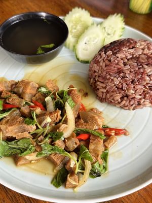 Stir fried vegan crispy pork with Thai basil & rice (70 THB)  at Kinphak Cafe  in Chiang Mai