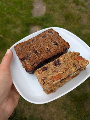 Granola bar and banana & chocolate bread I got take away at Grounded  in Ebbsfleet Green