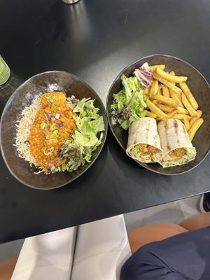 Green healthily juice w/ jackfruit wrap & Red Lentil stew   at Armr Cafe Kitchen in Manchester