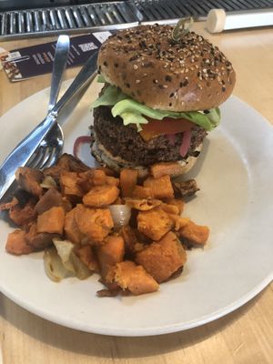 Vegan Double Cheeseburger w/ Sweet Potato Hash at True Food Kitchen in Scottsdale