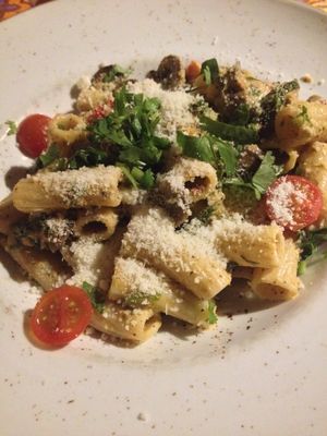 Rigatoni with pistachio pesto sauce - it's listed as vegan on the menu and, even though the waiter confirmed the dish would be served with a vegan Parmesan, it came with real Parme at PSI in Lisbon