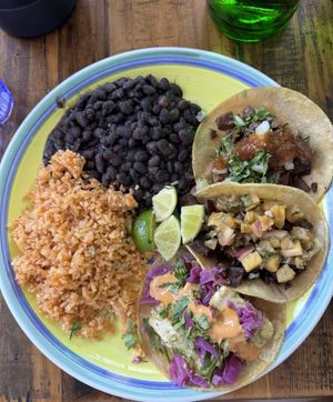 3 taco plate with asada, al pastor, and pescado  at Sugar Taco in Long Beach