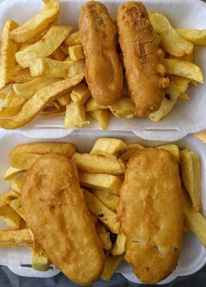 Vegan fish and sausage and chips at The Front Fish and Chips in Newbiggin-by-the-sea