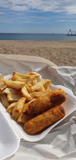 (Vegan) Sausage and chips  at The Front Fish and Chips in Newbiggin-by-the-sea