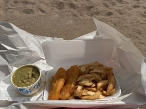Vegan fish chips and mushy peas  at The Front Fish and Chips in Newbiggin-by-the-sea