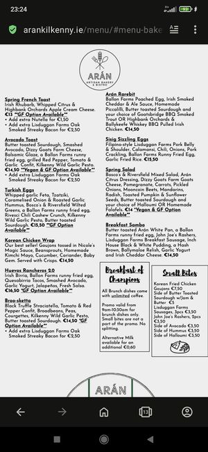 Brunch Menu at Arán Artisan Bakery & Bistro in Kilkenny