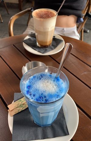Cappucino and Smurf Latte  at Burg Brasserie in Vaduz