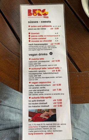 Vegan drink menu  at Burg Brasserie in Vaduz