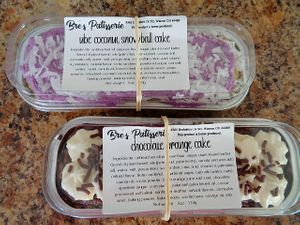 Mini cakes in coconut ube and chocolate orange flavors. Yum! at Bre's Patisserie in Warren