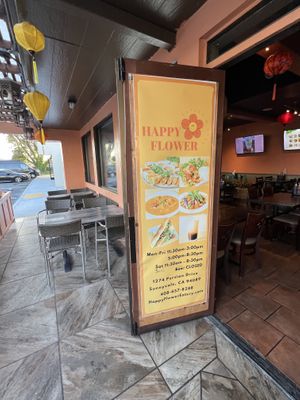 Happy flower sign   at Happy Flower Eatery and Boba in Sunnyvale