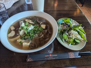 Pho with Beyond Beef, comes with mushrooms and tofu as well. at Happy Flower Eatery and Boba in Sunnyvale