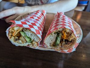 Eggplant & tofu Saigon Sandwich (banh mi) at Happy Flower Eatery and Boba in Sunnyvale