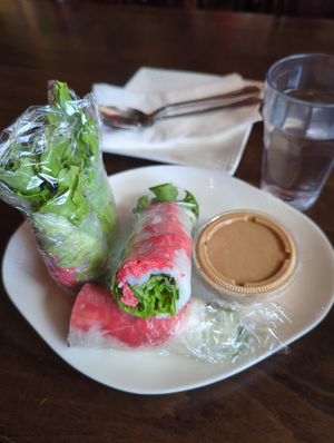 Spring Roll appetizer with peanut sauce. at Happy Flower Eatery and Boba in Sunnyvale