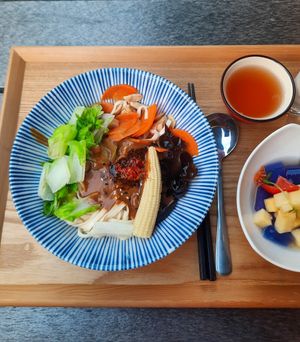Spicy sesame noodle set (served with herbal drink, fruit with agar jelly, and fruit compote with oat bar (not pictured)) at Starry X Sky Art Vegan Village - 星空X藝素村 in New Taipei City