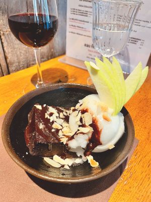 chocolate cake with a rose ice cream at Le Grenier de Notre Dame in Paris