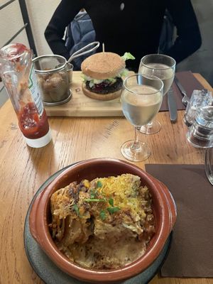 Vegan potato dauphinois and a veggie burger   at Le Grenier de Notre Dame in Paris