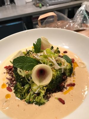 Wild rice from Camargue, roasted broccoli, sesame, radish, leek, goji berry, mint and soy cream. Perfect match!  at Le Grenier de Notre Dame in Paris
