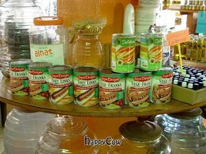 canned goods of both American and Mexican meat substitutes at Alimentacion Integral Avanzada in Morelia