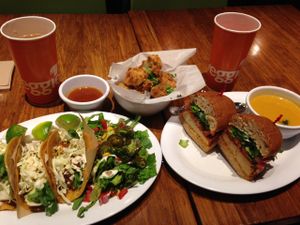 fish tacos and turkey burger at Veggie Grill by Next Level - The Dome in Hollywood