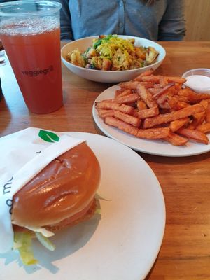 "Fish" burger, sweet potato fries and a bowl at Veggie Grill by Next Level - The Dome in Hollywood