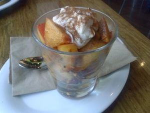 seasonal fruit dessert - peaches and cream at Veggie Grill by Next Level - The Dome in Hollywood