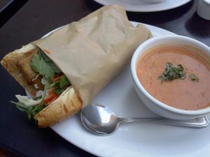 banh mi sandwich with tomato basil soup at Veggie Grill by Next Level - The Dome in Hollywood