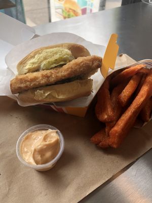 Save the Day Fillet, Sweet Potato Crinkles and Spicy Aioli!  at PLNT Burger - Bryant Park in New York City