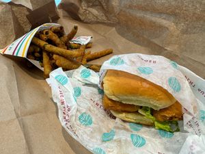 Fish Burger and Fried String Beans at PLNT Burger - Bryant Park in New York City