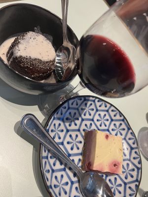 Brownie and raw raspberry cake; delicious !  at Le Botaniste - Bryant Park in New York City