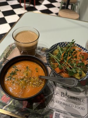 Tomato soup (of the day) & tagine lunch combo, Mushroom latte  at Le Botaniste - Bryant Park in New York City