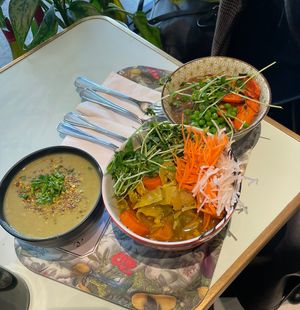 Tagine, broccoli soup, and mashed potatoes with mushroom saucee   at Le Botaniste - Bryant Park in New York City