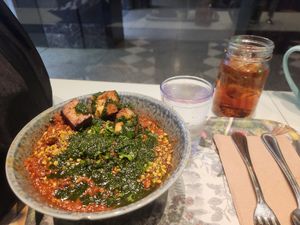 Pasta Bolo. Pasta with Bolognese sauce and herbal oil and superseed mix. I added Tofu. at Le Botaniste - Bryant Park in New York City