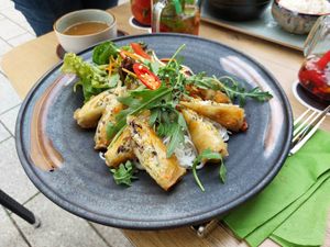 Noodle salad with spring rolls and "fish" sauce at Vegana Vietnamese Restaurant in Mannheim