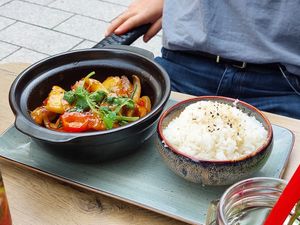 Pineapple and tofu with rice at Vegana Vietnamese Restaurant in Mannheim