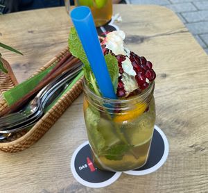 Iced tea with yuzu and pomegranate   at Vegana Vietnamese Restaurant in Mannheim