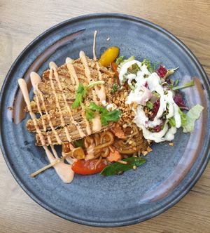 Udon noodles with mock duck  at Vegana Vietnamese Restaurant in Mannheim